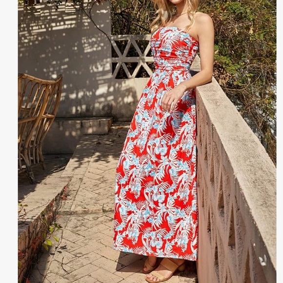 GRACE KARIN Strapless Ruched Top
Maxi Dress with Pockets Floral Red, size XL - Picture 1 of 8